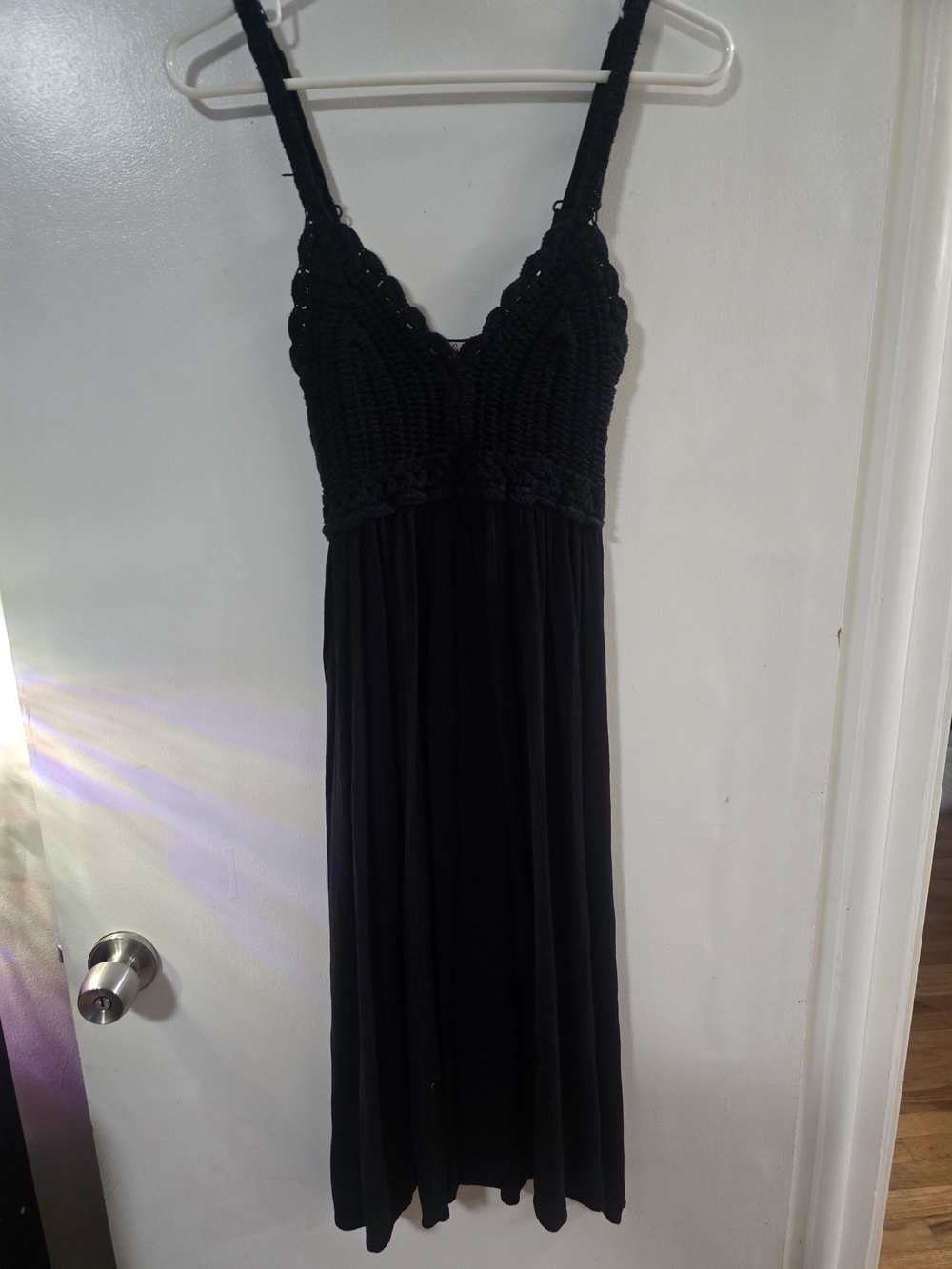 Black Crochet Bodice Midi Dress Women’s Small Boho Sundress Festival Flowy